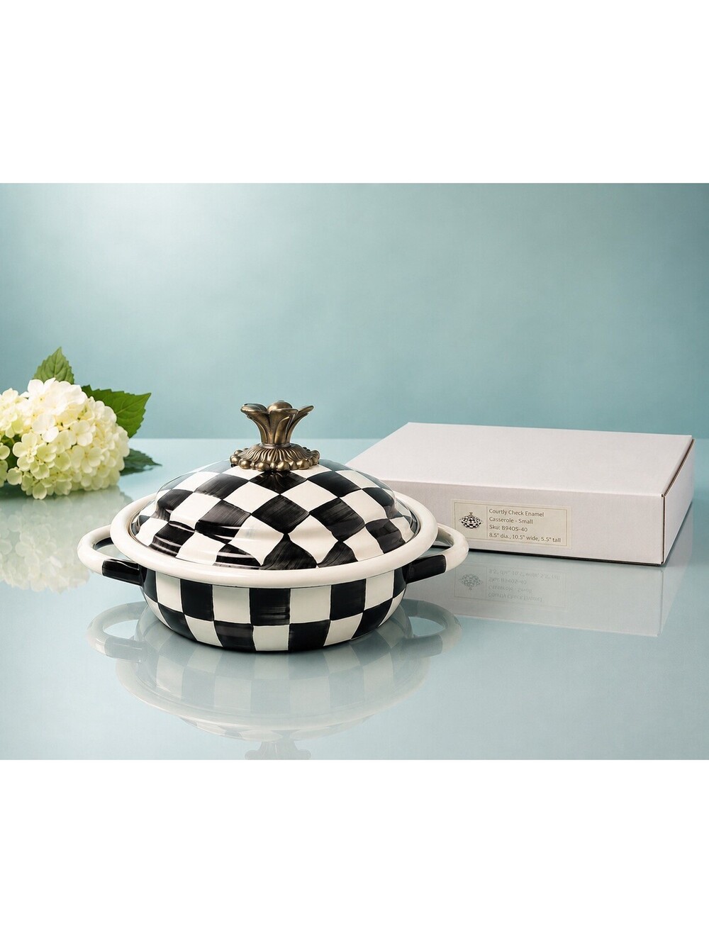 NIB MacKenzie-Childs 2000s Casserole Courtly Check Enamel Black White, 8.5x5.5"